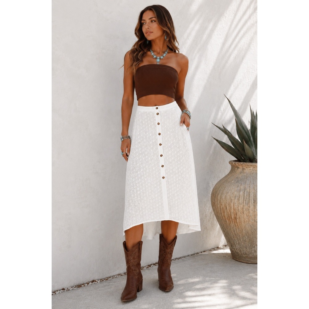 Skylar Madison Midi Skirt White Floral Eyelet Button Front Pockets Scalloped Hem